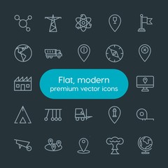 Modern Simple Set of industry, science, location Vector outline Icons. Contains such Icons as  explosion,  pointer,  web,  location, power and more on dark background. Fully Editable. Pixel Perfect.