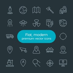 Modern Simple Set of industry, science, location Vector outline Icons. Contains such Icons as  universe,  location,  transport,  cosmos, ufo and more on dark background. Fully Editable. Pixel Perfect.