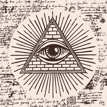 Vector banner with Eye of Providence. All-seeing eye inside triangle pyramid. Symbol Omniscience. Luminous Delta. Ancient mystical sacral masonic symbol on a background of an old illegible manuscript
