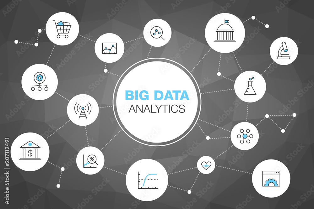 Poster simple infographic for big data analytics concept with stroke icons isolated on dark polygonal backg