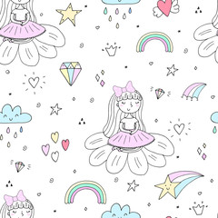 Cute hand drawn with cute little girl vector seamless pattern illustration