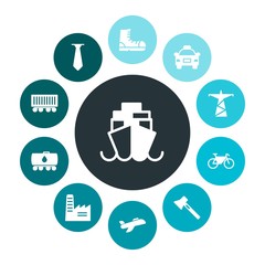 transports, industry, clothes Infographic Colorful fill Icons Set. Contains such Icons as transportation, factory,  transport, tie,  diesel, bicycle,  tool, axe and more. Fully Editable. Pixel Perfect