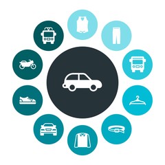 transports, industry, clothes Infographic Colorful fill Icons Set. Contains such Icons as  belt,  pants,  motorcycle,  background,  race,  technology, vest, bus and more. Fully Editable. Pixel Perfect