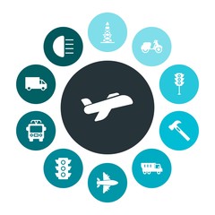 transports, industry, clothes Infographic Colorful fill Icons Set. Contains such Icons as  production,  delivery,  road,  aircraft,  bike,  equipment, traffic and more. Fully Editable. Pixel Perfect