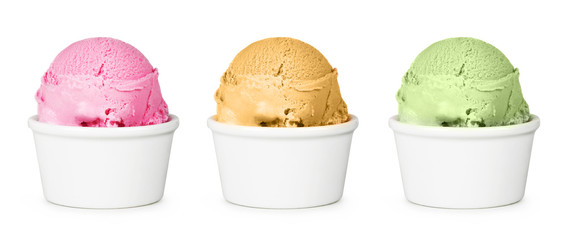 Different flavors of ice cream in the cup. Isolated on white background. Strawberry, peach and pistachio ice cream. - obrazy, fototapety, plakaty