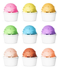 Different flavors of ice cream in the cup. Isolated on white background. Strawberry, pineapple, peach, pistachio, blueberry, lavender, milk, chocolate and peach ice cream.