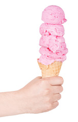 Strawberry ice cream in hand. Isolated on white background.