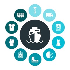 transports, industry, clothes Infographic Colorful fill Icons Set. Contains such Icons as  industry, delivery, fashion,  shirt,  equipment,  travel,  bright and more. Fully Editable. Pixel Perfect