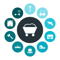 transports, industry, clothes Infographic Colorful fill Icons Set. Contains such Icons as  wear, hat,  pickup,  industry,  casual,  hammer,  underwear,  sign and more. Fully Editable. Pixel Perfect