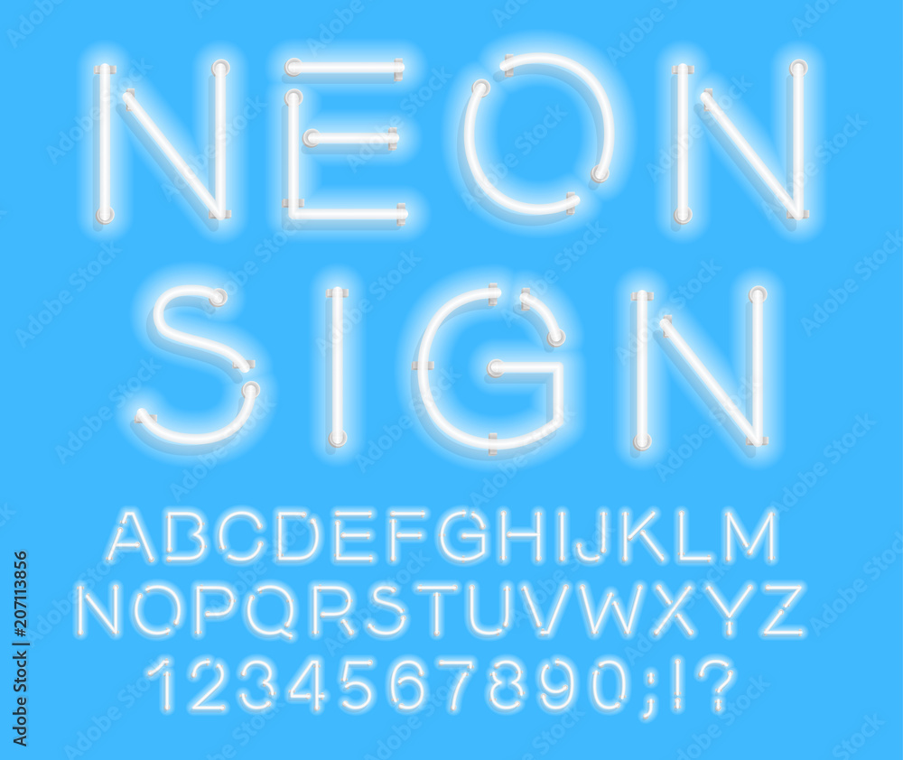 Poster set of letters in neon style. vector font with light effect. set of letters, numbers, text and font.