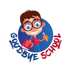 Goodbye School vector illustration isolated on white background. Funny geek or nerdy boy with big glasses and alphabet book holding a pencil. Can be used on print t-shirt, cbag, poster or web design