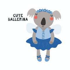 Hand drawn vector illustration of a cute funny koala girl in a tutu, pointe shoes, with lettering quote Cute ballerina. Isolated objects. Scandinavian style flat design. Concept for children print.