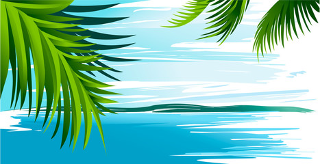 Fototapeta na wymiar Holiday background with ocean and palm leaves
