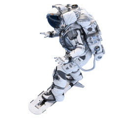 Spaceman on flying board. Mixed media