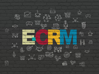 Finance concept: Painted multicolor text E-CRM on Black Brick wall background with  Hand Drawn Business Icons