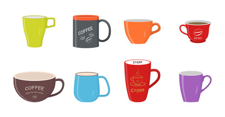 Vector illustration. Set of colorful cups isolated on white background.