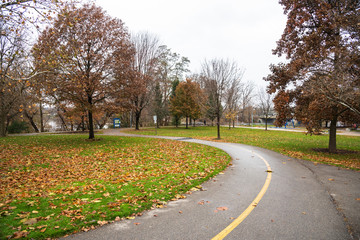 Winding Paved Path in a Riverside Park on a Cloudy Autumn Day. London, ON, Canada