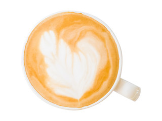 Top view. Hot coffee latte art isolated white background.