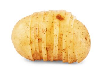 Isolated potatoes. Cut raw potato vegetables isolated on white background with clipping path