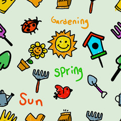 Gardening Theme Seamless Kids Doodle Pattern