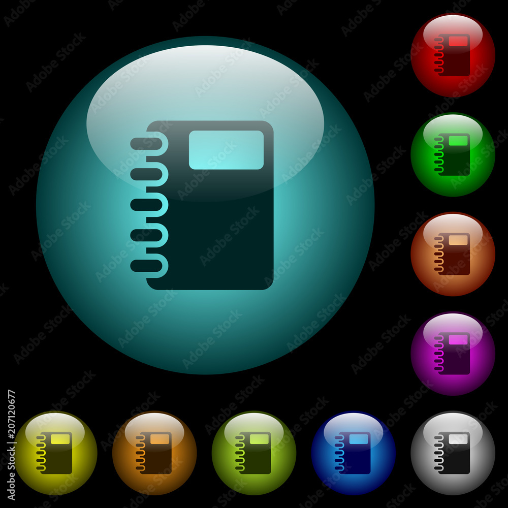 Poster spiral notebook icons in color illuminated glass buttons