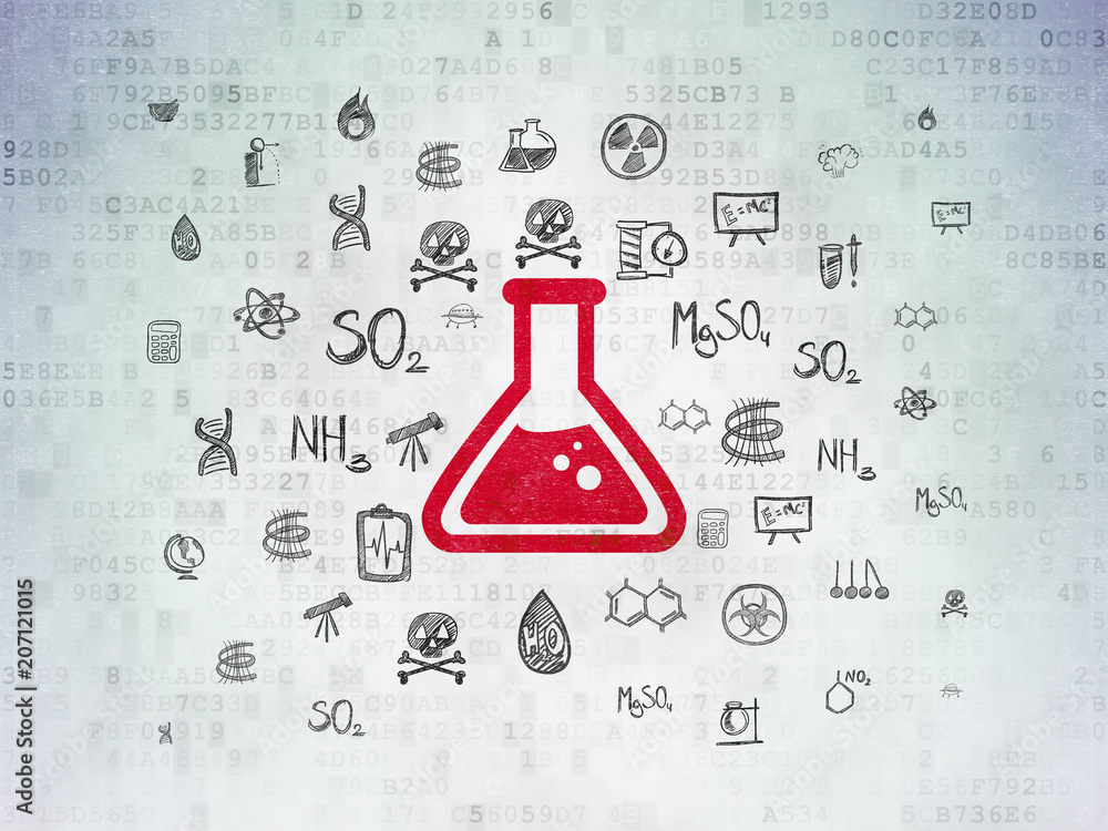 Poster science concept: painted red flask icon on digital data paper background with hand drawn science ico
