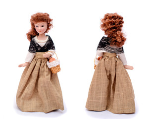 Porcelain doll in vintage clothes with a basket, front and back view