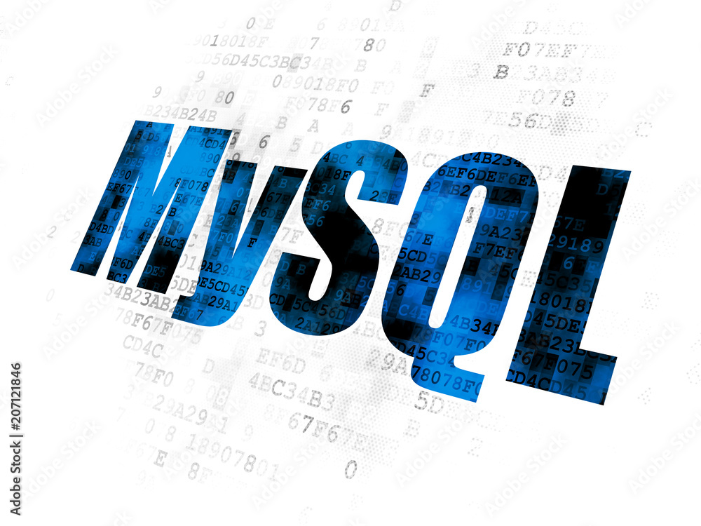 Poster software concept: pixelated blue text mysql on digital background