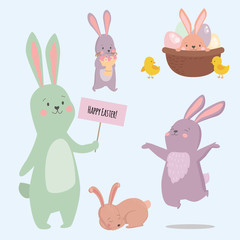 Easter rabbit character bunny different pose vector cute happy animal set illustration.