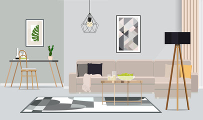 Bright room with white sofa, table, pattern carpet and lamp Vector illustration.