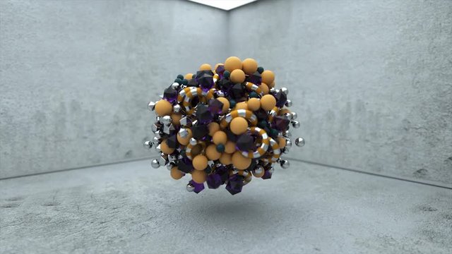 3D Abstract Graphics Background with glossy balls, golden bubbles, and metallic spheres, depth of field and stylish look.