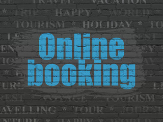 Travel concept: Painted blue text Online Booking on Black Brick wall background with  Tag Cloud