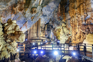 Amazing view of scenic wooden walkway inside Paradise Cave