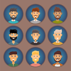 Character of various expressions bearded man face avatar and fashion hipster hairstyle head person with mustache vector illustration.