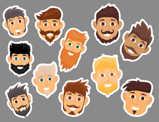 Character of various expressions bearded man face avatar and fashion hipster hairstyle head person with mustache vector illustration.