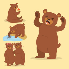 Cartoon bear character teddy pose vector set wild grizzly cute illustration adorable animal design.