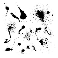 Vector set of ink splashes blots splatter collection grunge design element and art messy backdrop color dirty liquid shape spatter black white silhouette illustration