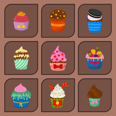Set of cute vector cupcakes and muffins chocolate celebration birthday food sweet bakery party cute sprinkles decoration.