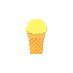 Yellow Ice Cream in waffle cup in trandy paper cut style. Craft tasty bright summer icecream on white background for package design Vector card illustration in papercutting art style