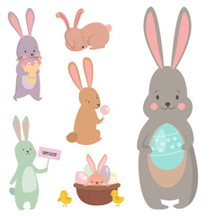 Fototapeta premium Easter rabbit character bunny different pose vector cute happy animal set illustration.