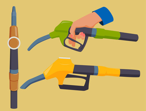 Filling gasoline station pistol in people hands refinery refueling petroleum tank service tool vector illustration