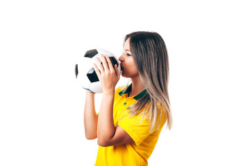 Fototapeta premium Woman soccer fan with ball isolated on white background