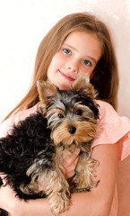 Adorable little girl child holding puppy yorkshire terrier