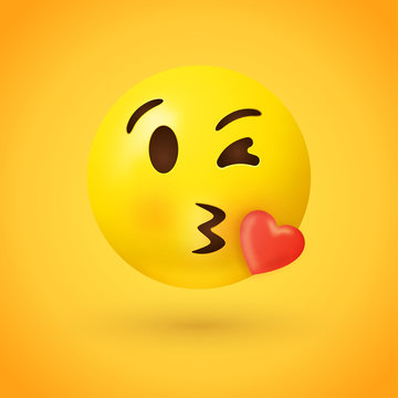 Kissing face emoji with red heart on yellow background - kiss emoticon illustration