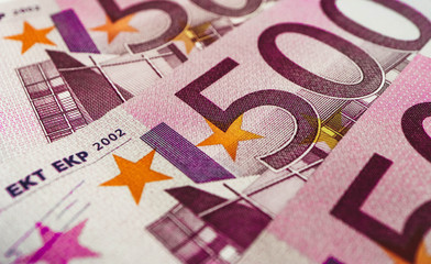 500 euro banknote close up. Five hundred euro money macro view.