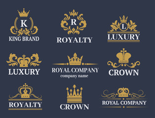 Crown king vintage premium white badge heraldic ornament luxury kingdomsign vector illustration. © creativeteam