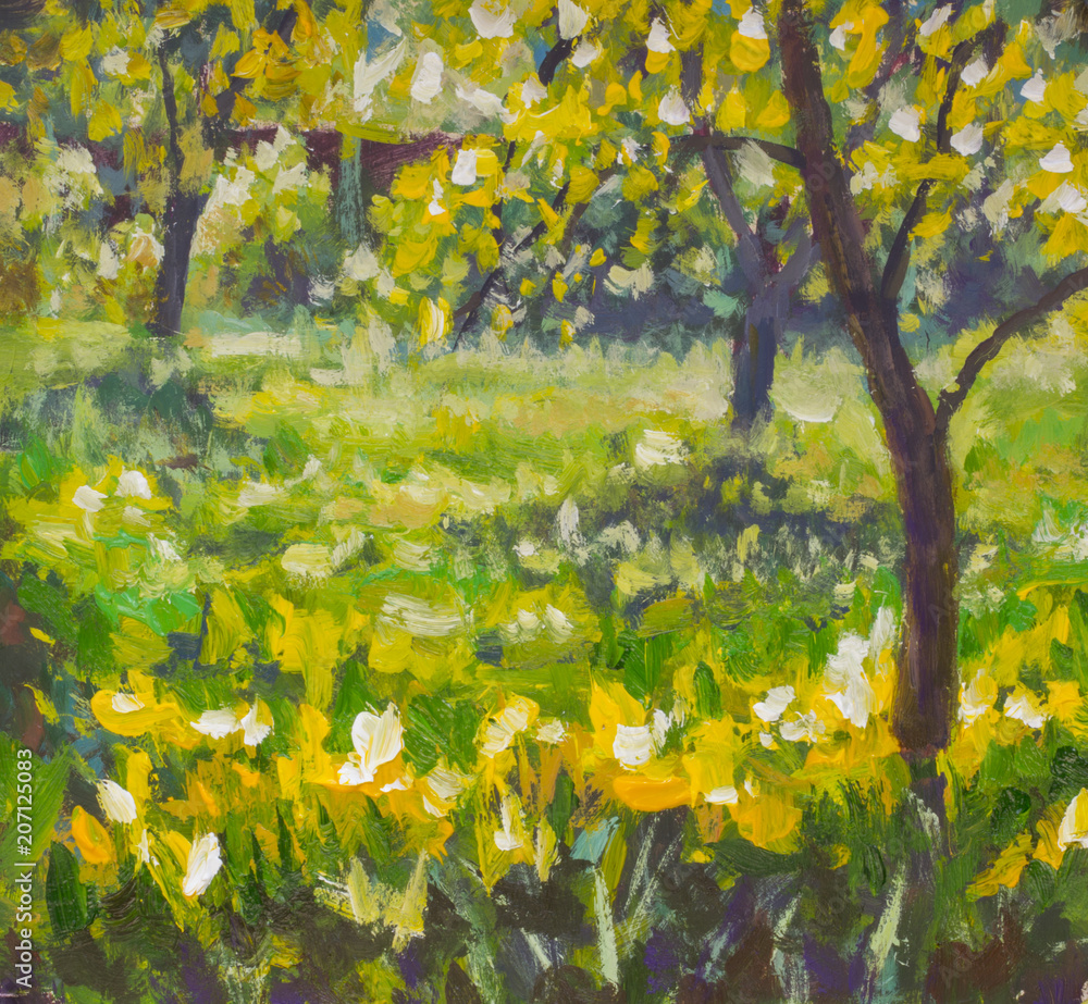 Wall mural oil painting with acrylic on canvas. sunny spring summer day in garden rural landscape nature. glade