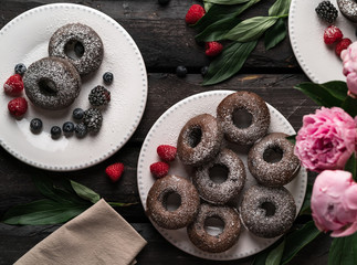 chocolate donuts, summer lifestyle, pretty colours, rustic style, dark wooden table