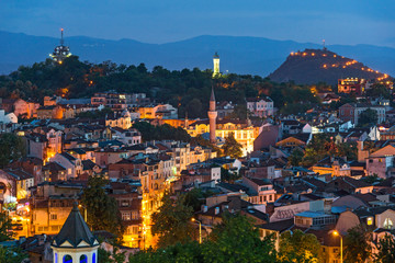 Amazing Night Panorama to City of Plovdiv from Nebet Tepe hill, Bulgaria