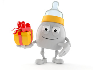 Baby bottle character holding gift